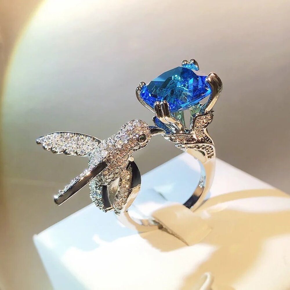Women's Rhinestone Blue Hummingbird Ring - Adjustable - Picture 2 of 2